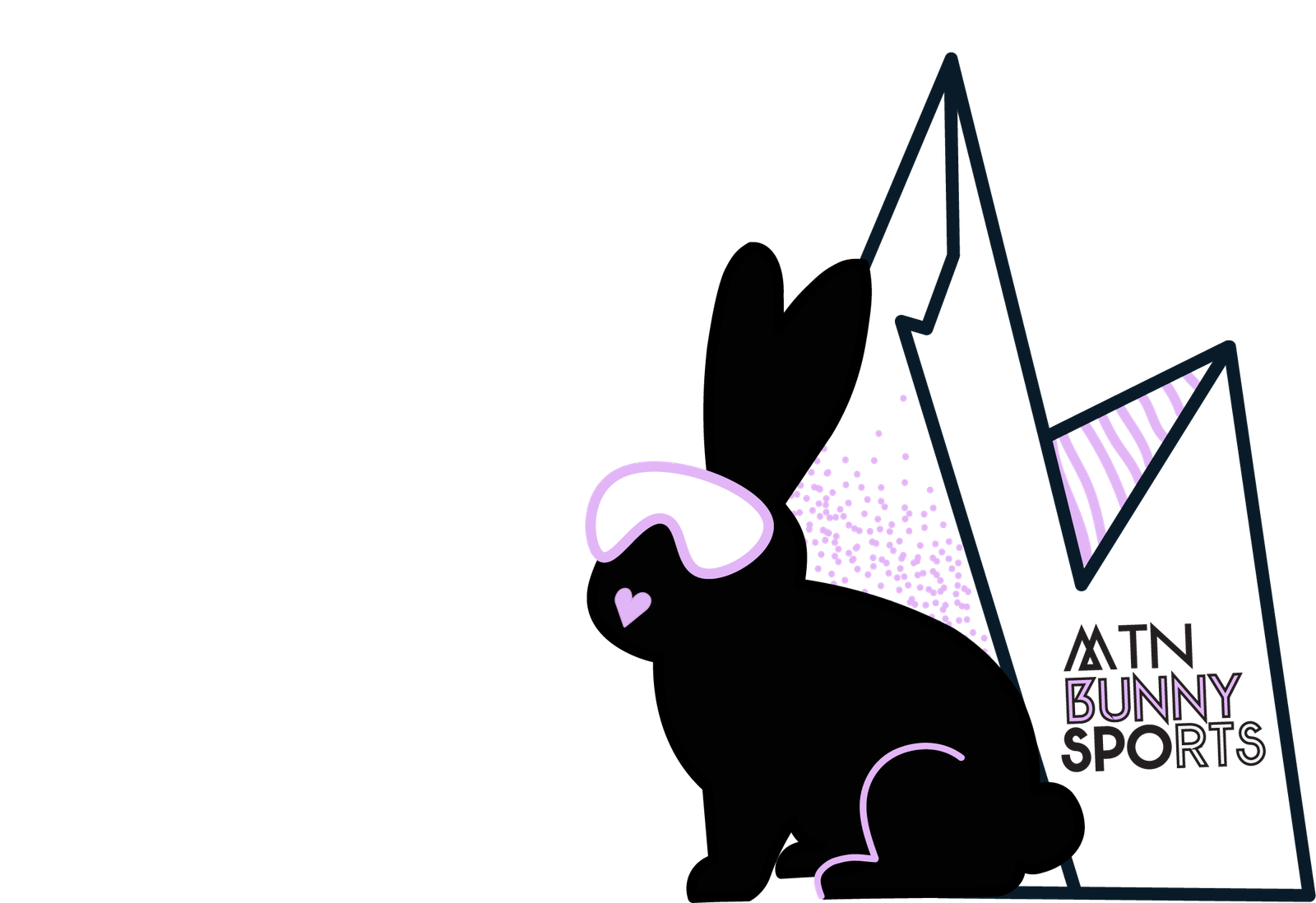 graphic black bunny with ski goggles in front of a outlined mountain with lilac coloring.